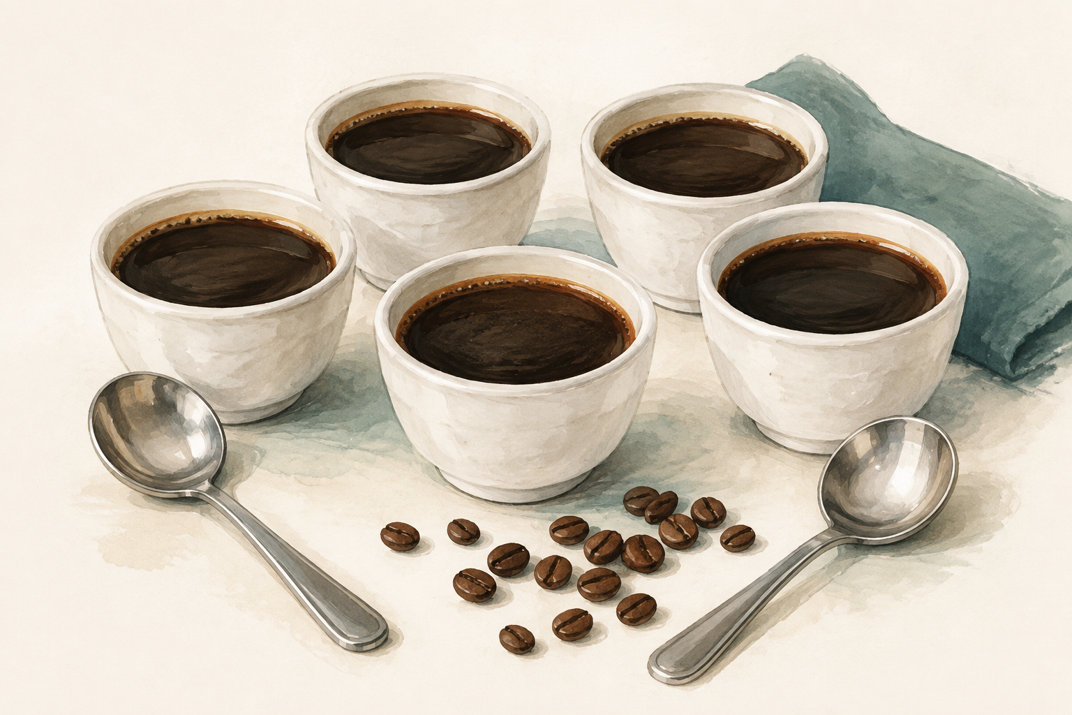 AI-generated illustration of coffee cupping bowls, spoons and roasted coffee beans.