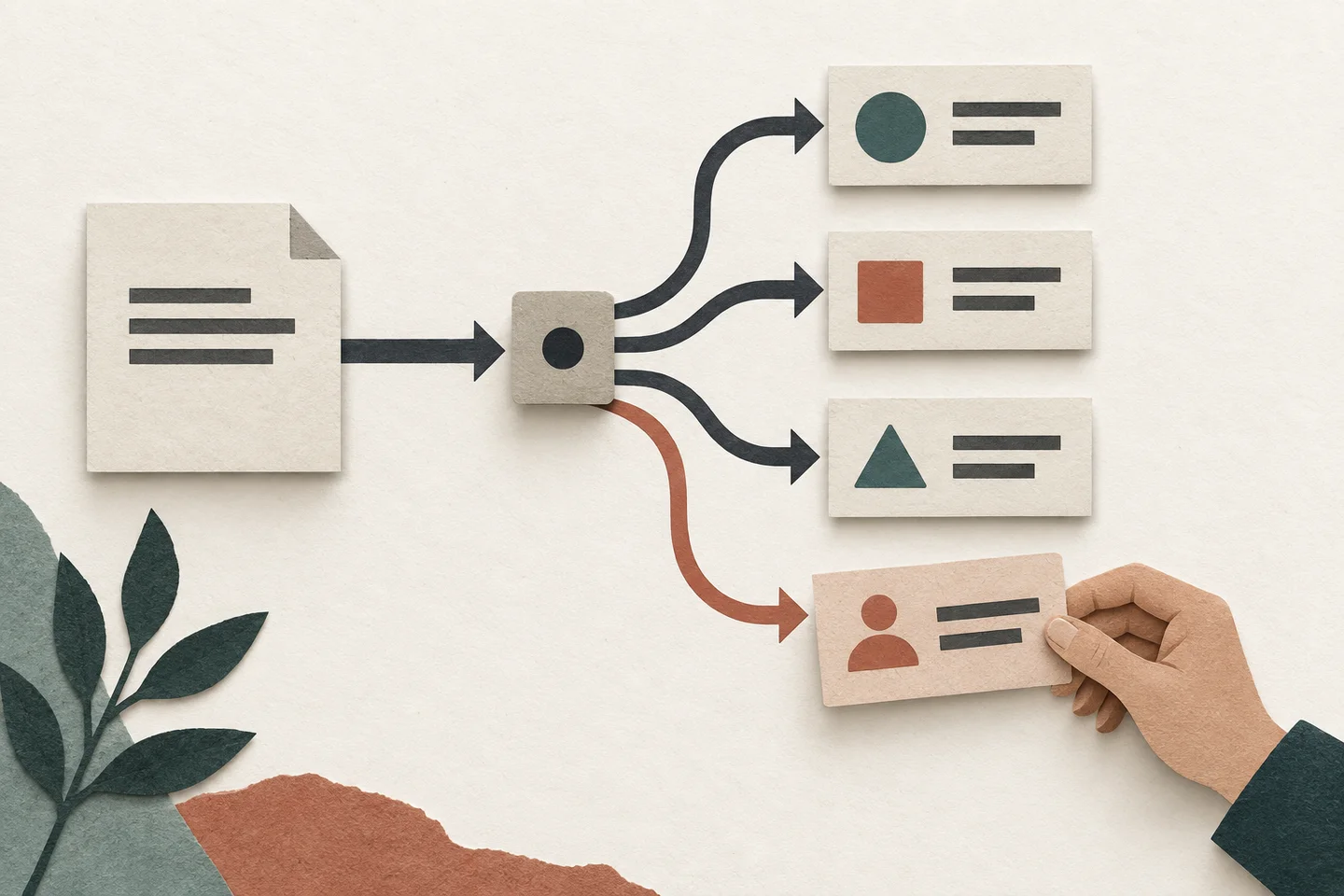 Abstract illustration of an incoming message branching into constrained decisions and a human review path