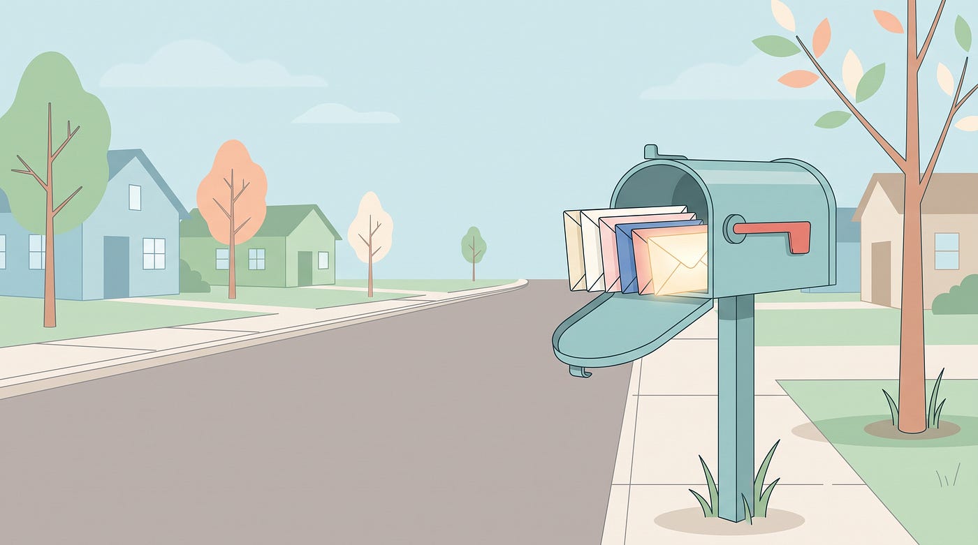 An illustrated open mailbox holds several letters beside a quiet residential street.