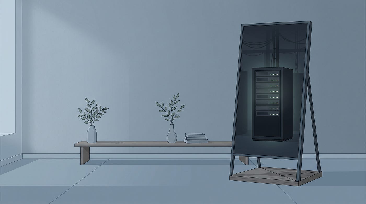 An illustrated standing mirror reflects a server rack in a quiet room.